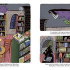 In einer Bibliothek liest ein Vampir Bücher. Ein Hexer mit Katze beobachtet. Regal, Kerze und Spinnennetz sind sichtbar.