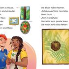 Text beschreibt Eddie allein zu Haus, Eltern sind Maler. Bilder an der Wand. Henrietta liest, macht Fehler. Bild: Kokosnuss.