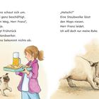 Text: Herr Franz schaut sich um... Ich will doch nur meine Ruhe. Illustration: Frau mit Tablett, Mops niest in Staubwolke.