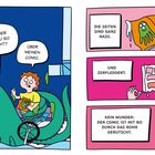 Zwei Leute reden über einen Comic. Eine Krake hält den Comic, der durch ein Rohr gerutscht ist und nass und zerfleddert wurde.