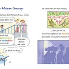 Titel: Ein kleiner Umweg. Dialoge: "Wo willst du denn hin?", "Aber das dürfen wir nicht." Kinder auf Treppe und im Flur.