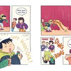 Comic mit Kindern im Theater. Kim probt schüchtern einen Dino-Ruf, andere lachen, Lehrerin sagt "Nach der Pause machen wir weiter."