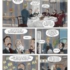 Sprechblasen unterhalten sich gesellig über Zeitreisen bei einem eleganten Dinner. Historische Kleidung und Umgebung.