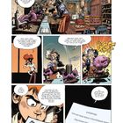 Comic: Figuren in Labor, Dialoge über geheime Identität. Explosion mit lila Rauch. Einladungstext: Treffen in Nova-Brüssel.