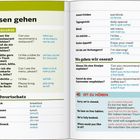 Doppelseite einer Sprachlernhilfe zum Thema "Essen gehen" mit Schlüsselwörtern und Phrasen auf Deutsch und Englisch.