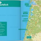Tour E im Überblick. Tour-Highlights: Dune du Pilat, Courant d'Huchet, Arcachons Winterstadt. Karte einer Küste.