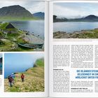 Zwei Textblöcke: Oben über Westfjorde, unten über Isländer und Hot Pots. Links Fotos von Landschaften und Häusern.