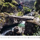 Kalender zeigt August mit Daten von 1 bis 31. Zwei Radfahrer überqueren eine hölzerne Brücke in einer grünen, felsigen Schlucht.