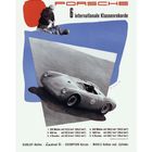 "Porsche 6 internationale Klassenrekorde." Schwarz-weißes Bild eines Rennwagens, markante rote und blaue Grafik.