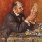 Es gibt keinen Text im Bild. Ein Mann betrachtet eine kleine Skulptur. Gemälde mit warmen, gedämpften Farben.