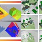 Bilder von 3D-Stadtmodellen mit Farben und Schatten, inklusive Daten auf farbigen Diagrammen und Modellansichten.