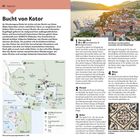 "Regionen: Bucht von Kotor. Hergec Novi, Perast, Kotor, Risan. Karte zeigt Küstenregion. Häuser an Hang, Meer im Hintergrund."