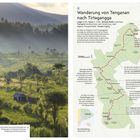 Links: "Wunderschöne terrassierte Reisfelder bei Tirta­gangga, im Hintergrund Gunung Lempuyang und Gunung Seraya." Rechts: Karte mit Route von Tenganan nach Tirta­gangga. Text beschreibt die Wanderung.