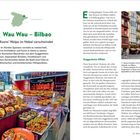 Text: "39. Wau Wau – Bilbao" und Beschreibung von Bilbao. Illustration einer Spanienkarte. Fotos: Pintxos in einem Geschäft und bunte Häuserzeile.