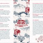 Texte über japanische Gesten und Verhalten, einschließlich Armverschränken und Beten. Illustration von Landschaften mit Brücken und Pagoden in Blau und Rot.