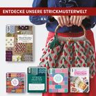 ENTDECKE UNSERE STRICKMUSTERWELT. Bücher über Strickmuster und eine dekorative Tasche mit rot-grünem Muster.