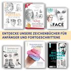 ENTDECKE UNSERE ZEICHENBÜCHER FÜR ANFÄNGER UND FORTGESCHRITTENE. Sechs Buchcover mit Zeichnungen und Illustrationen.