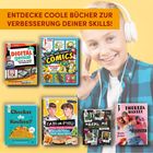 ENTDECKE COOLE BÜCHER ZUR VERBESSERUNG DEINER SKILLS! Sechs bunte Bücher und ein lächelndes Kind mit Kopfhörern.