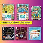 "SPANNENDE RÄTSEL FÜR KINDER" auf gelbem Hintergrund. Sechs bunte Kinderbuchcover darunter.