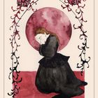 "19. TRAUER" und "Was gibt es zu beklagen?" sind die Texte. Eine trauernde Person in dunkler Kleidung kniet vor einem roten Kreis.