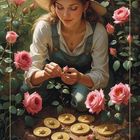 SIEBEN DER MÜNZEN. Eine Frau in einem Garten pflückt Rosen, mit goldenen Münzen auf dem Boden vor ihr.