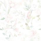 Zarte Aquarell-Illustration mit Kolibris und Blumen in sanften Pastelltönen, hauptsächlich rosa und grün.