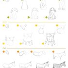 "Widderkaninchen", "Lamm", "Esel". Schrittweise Illustrationen des Zeichenprozesses dieser Tiere mit einfachen Formen.