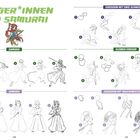 "Krieger*innen und Samurai", Anleitungen zum Zeichnen von Figuren in Kampfposen. Enthält nummerierte Schritte und Illustrationen.