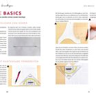 Texte: "DIE BASICS", "GRUNDSÄTZLICHES ZUM NÄHEN", "SCHNITTMUSTER MIT NAHTZUGABE VORBEREITEN."  
Zu sehen ist Text mit Nähanleitung und kleinen Bildern.