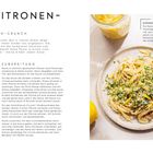 Eine Rezeptseite für Miso-Zitronen-Pasta. Zutaten und Zubereitung sind detailliert beschrieben. Rechts ein Bild der Pasta.