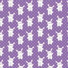 Illustration: Niedliche weiße Kaninchen auf lila Hintergrund mit weißen Punkten, fröhlich tanzend.