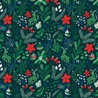 Keine Texte. Illustration mit grünen Blättern, roten Blumen, Beeren und stilisierten Tieren auf dunklem Hintergrund.