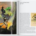 **Esquire and Death Dealer 1970–1979**

Links: Krieger mit Speer vor einer riesigen, bedrohlichen Gestalt. Rechts: Hund und Figur Skizze. Text über Frazetta.