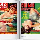 Links: "REAL DETECTIVE", "UNDRESS--OR GO HUNGRY!", "WHO TIED the HANGMAN'S KNOT?". Rechts: "CRIME DETECTIVE", "SCARLET MODEL for the ART RACKET". Beide zeigen Frauen in dramatischen Szenen. 