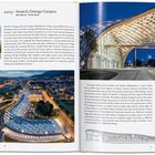 2019, Swatch/Omega Campus, Biel/Bienne, Switzerland. Text beschreibt Architektur und Design. Luftaufnahme und Innenansicht bei Nacht.