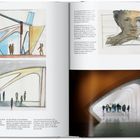 Seitenzahlen 244 und 245. Skizzen architektonischer Entwürfe, ein Porträt und ein Foto eines modernen, weißen Korridors.