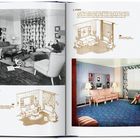 Texte: "In a brochure Lustron recommended examples of modern interiors", "3. FORM...", "Related simple forms are restful...", "When unrelated or...". Links: schwarz-weiß Wohnzimmer mit Personen und Möbeln. Rechts: Illustration und Farbfoto eines Wohnzimmers.