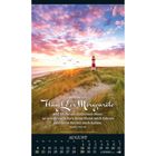 Text: "Nähme ich Flügel der Morgenröte... Psalm 139, 9-10." Kalenderbild für August mit Leuchtturm und Sonnenaufgang.