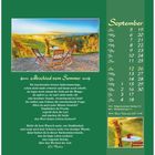"Abschied vom Sommer" und Gedicht von Elli Michler. Kalenderseite September mit Landschaftsfoto von Stühlen im Sonnenschein.