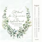 Text: „Gott kennt den Weg vor mir und begleitet mich mit seinem Blick. nach Psalm 32,8“. Kalender für August mit Eukalyptus-Dekor.