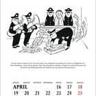 Illustration von Polizisten bei einer Hausdurchsuchung, Dokumente fliegen herum. Unten ein April-Kalender mit hervorgehobenen Sonntagen.