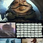 "Star Wars" Logo, "August" Schriftzug, Kalender für August 2023, Bilder von Aliens und Fantasielandschaften.