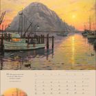 Zitat: "Die Welt vergeht mit ihrem Reiz." Kalenderblatt für August mit impressionistischer Hafenansicht bei Sonnenuntergang.