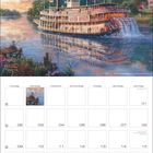 Kalender für August mit Gemälde eines Flussdampfers namens "River Queen" unter einem Baum, ruhige Flusslandschaft.