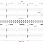 Kalender mit Tagen vom 24. Mai bis 6. Juni, inklusive Feiertag Fronleichnam. Slogan: "Mein Job ist auch so eine Art Dschungelprüfung!" Illustration eines lachenden Schafes.