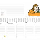 Kalenderseite: Februar 2027, Termine vom 8. bis 14. Februar, Valentinstag. Illustration: Kind in orangefarbenem Sitzsack.