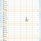 Kalender für August. Illustration mit zwei Männern und einer Katze im Wald. Feiertage sind farbig hervorgehoben.