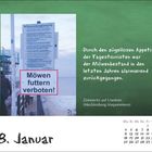 „Möwen füttern verboten!“ Auf grünem Hintergrund. Darunter ein Kalenderblatt: Freitag, 8. Januar.