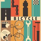 Text: BICYCLE. Sechs farbige Felder mit Fahrradthemen: Kette, Flasche, Flagge, Helm, Fahrrad, Werkzeug. Datum unten: 08.