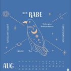 Text: "Der Rabe, Verborgene Kräfte erwecken, Rätselhaftigkeit, Transformation, Magie, Aug." Illustration eines stilisierten Raben mit Mondsymbolen.